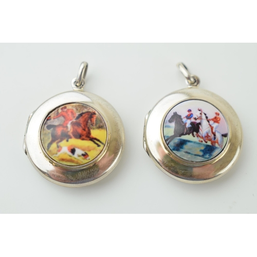 88 - A pair of contemporary silver lockets with transfer decoration of horse scenes, 25mm diameter (2).