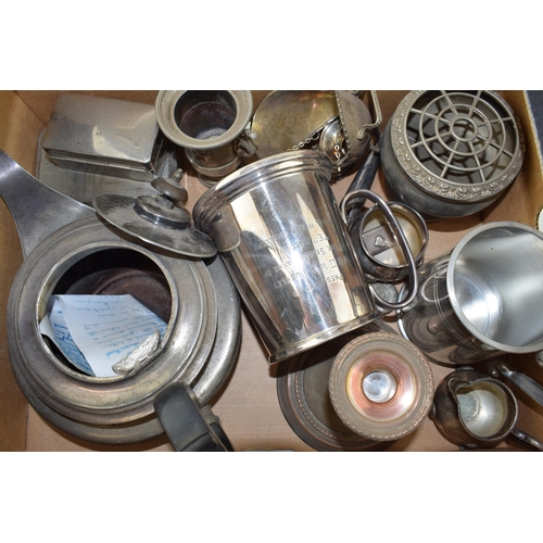 113 - A mixed collection of silver-plated items to include tankards, candle stick, pewter teapot and other... 