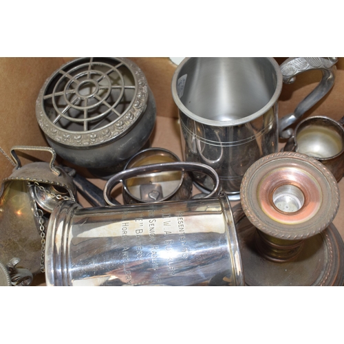 113 - A mixed collection of silver-plated items to include tankards, candle stick, pewter teapot and other... 