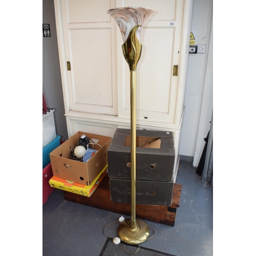 132 - A mid to late 20th century brass tall freestanding lamp base, with glass shade, resembles Olympic to... 