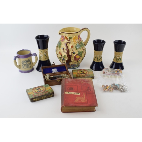 140 - A mixed collection of items to include ceramics, Indian Tree H.J. Wood Jug, Art Nouveaux trio of vas... 