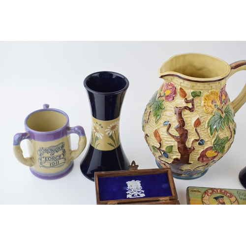 140 - A mixed collection of items to include ceramics, Indian Tree H.J. Wood Jug, Art Nouveaux trio of vas... 