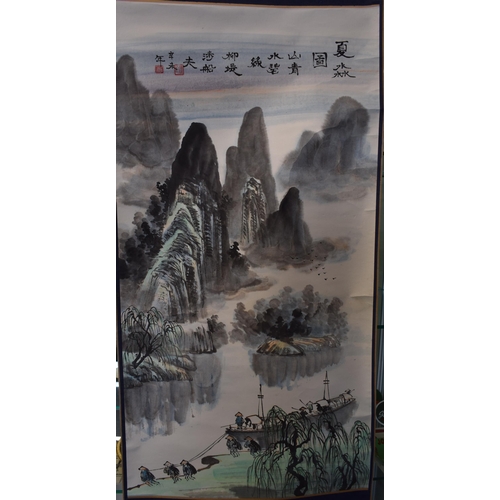 160 - A collection of four Japanese scrolls. Depicting mountain and tree landscapes. Length 164cm width 61... 