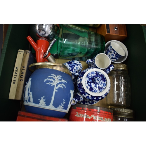 165 - A mixed collection of items to include vintage chrome soda syphon, Woods & Sons, miniature tea set, ... 