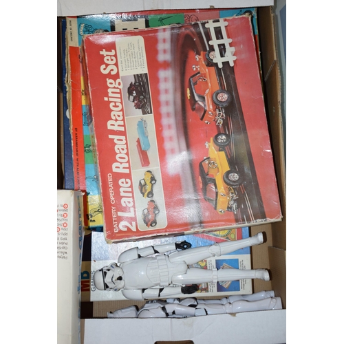 180 - A mixed collection of vintage toys and board games to include, '2 Lane Road Racing Set', 'Chad Valle... 