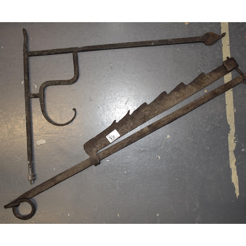 196 - Two c18th Georgian wrought iron fireside fireplace chimney crane and pot or pan hanger