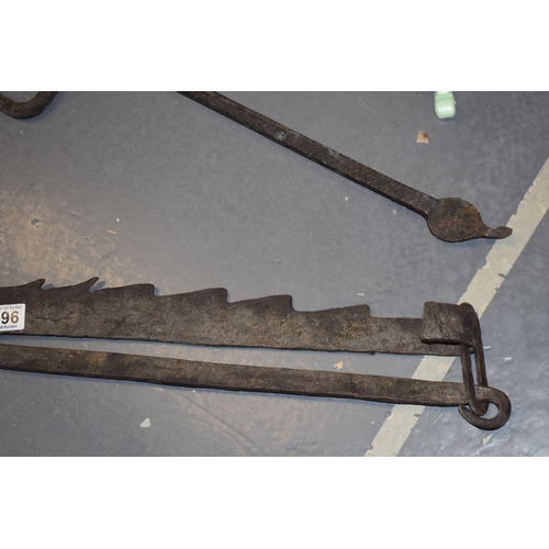 196 - Two c18th Georgian wrought iron fireside fireplace chimney crane and pot or pan hanger