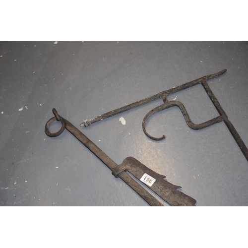 196 - Two c18th Georgian wrought iron fireside fireplace chimney crane and pot or pan hanger