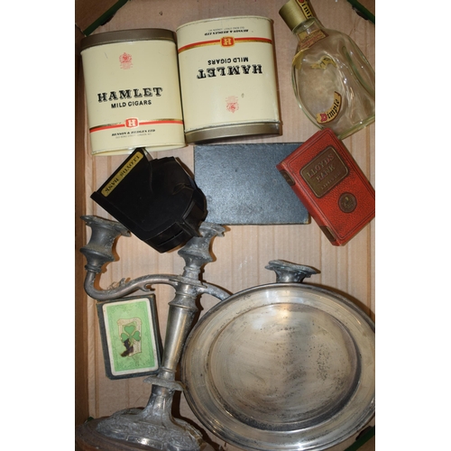 198 - A quantity of vintage 8mm magnetic recording tape and a box of metalware to include a silver plate c... 