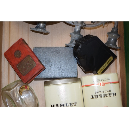 198 - A quantity of vintage 8mm magnetic recording tape and a box of metalware to include a silver plate c... 