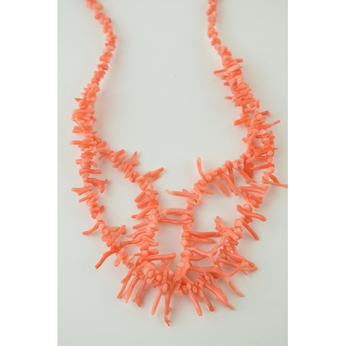 184 - Vintage coral necklace, two stands, with screw-action catch, 51cm long, 21.0g.