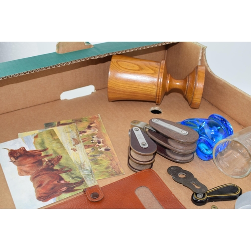 204 - A mixed collection of items to include vintage leather goods, collapsible cup, vintage postcards, ha... 