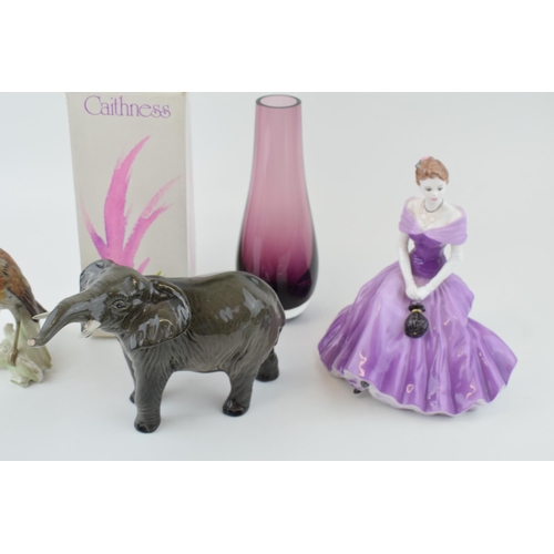 208 - Pottery to include a Beswick Elephant, Coalport Patricia, a Goebel Robin and a Caithness vase (4).