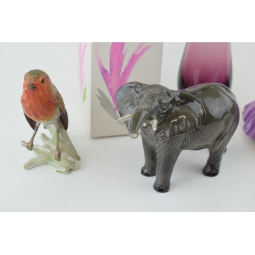 208 - Pottery to include a Beswick Elephant, Coalport Patricia, a Goebel Robin and a Caithness vase (4).