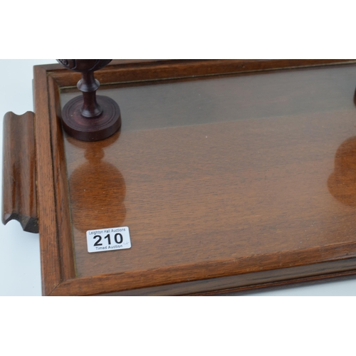 210 - A wooden butlers tray with glass liner, a turned wooden fruit bowl with a near pair of carved goblet... 