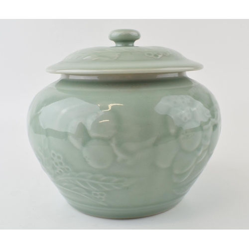 258 - Chinese CELADON large size GINGER JAR & COVER, blue seal mark to underside.  18cm wide x 17cm high a... 