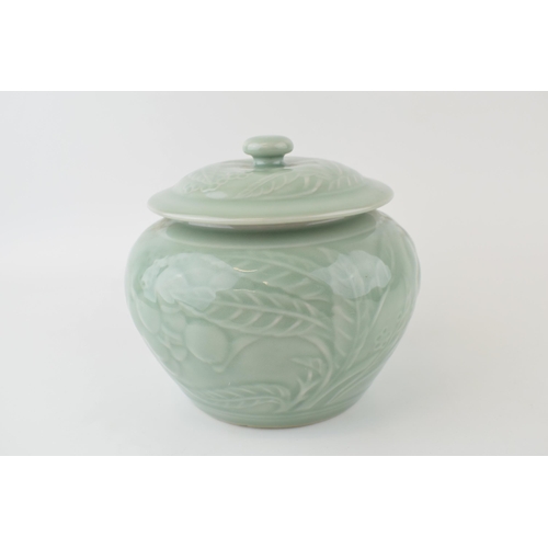 258 - Chinese CELADON large size GINGER JAR & COVER, blue seal mark to underside.  18cm wide x 17cm high a... 