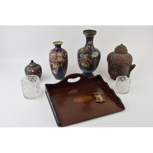 260 - Mixed items to include an Edwardian inlaid conch shell crumb tray, three cloisonne vases (with damag... 