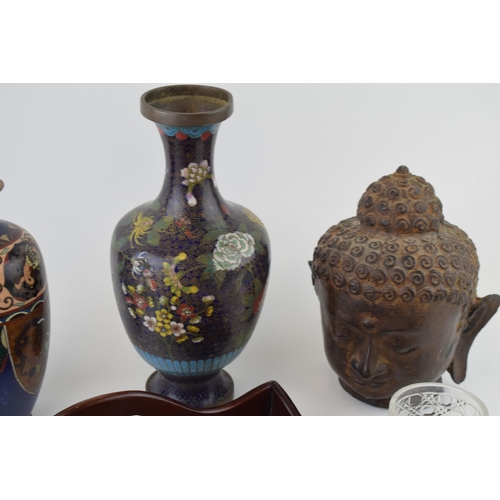 260 - Mixed items to include an Edwardian inlaid conch shell crumb tray, three cloisonne vases (with damag... 