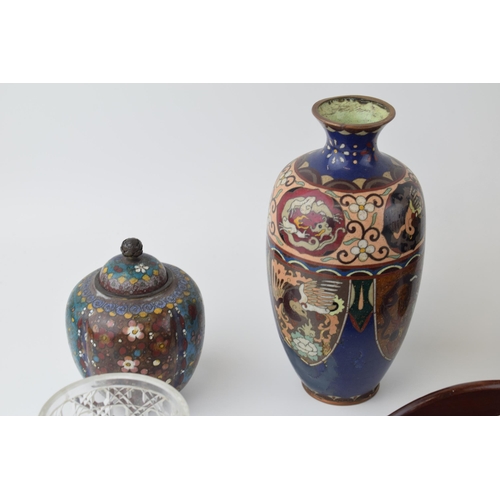 260 - Mixed items to include an Edwardian inlaid conch shell crumb tray, three cloisonne vases (with damag... 