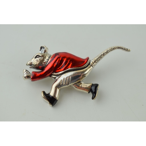 241 - Sterling silver contemporary enamelled brooch of a running mouse, red jacket, 45mm wide.