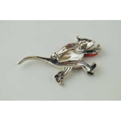 241 - Sterling silver contemporary enamelled brooch of a running mouse, red jacket, 45mm wide.