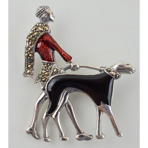 242 - Sterling silver contemporary Art Deco style brooch of a lady walking her dog, enamelled decoration, ... 