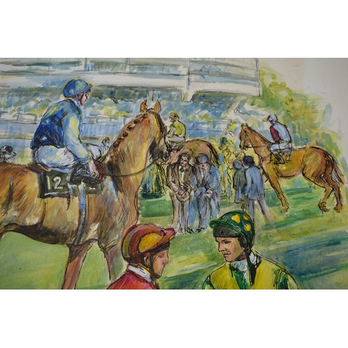 266 - Gloria Willaims. Watercolour and pen. Jockeys at the racecourse. Signed 1987. 52cm x 46cm.