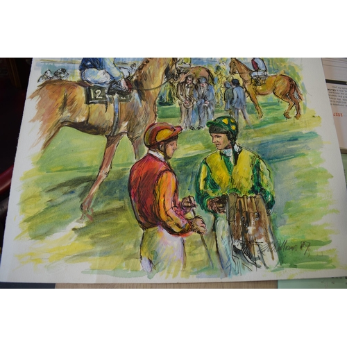 266 - Gloria Willaims. Watercolour and pen. Jockeys at the racecourse. Signed 1987. 52cm x 46cm.