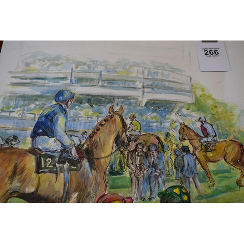 266 - Gloria Willaims. Watercolour and pen. Jockeys at the racecourse. Signed 1987. 52cm x 46cm.