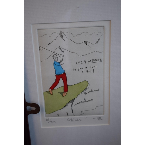 267 - A collection of two prints and photographs of a golfing theme to include signed artists proof Jose M... 