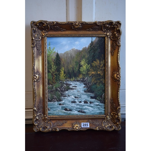 285 - R Plico, Oil on Canvas, Mountain scene with stream in gilt frame. 39cm x 29cm.