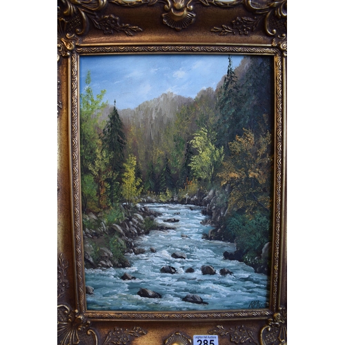 285 - R Plico, Oil on Canvas, Mountain scene with stream in gilt frame. 39cm x 29cm.