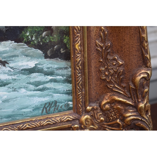 285 - R Plico, Oil on Canvas, Mountain scene with stream in gilt frame. 39cm x 29cm.