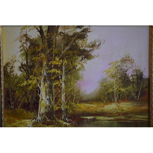 286 - F Holger, Oil on Canvas, Forrest scene with pond in gilt frame. 39cm x 49cm.