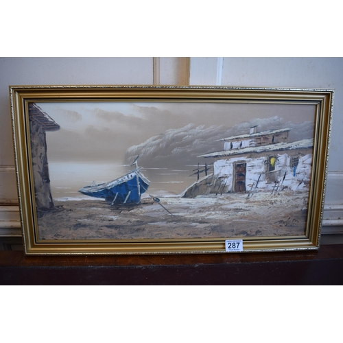 287 - Oil on Canvas, Fishing boat with houses on the shoreline in gilt frame. 29cm x 59cm.