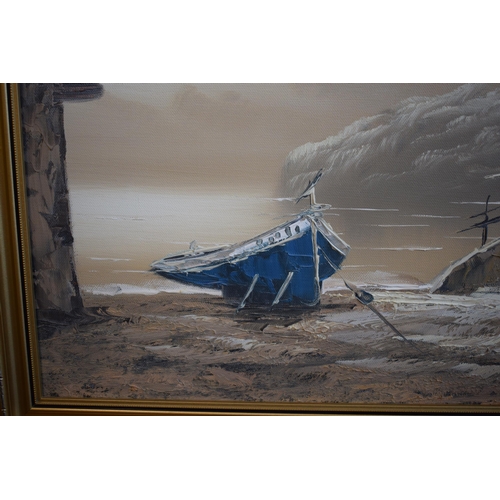 287 - Oil on Canvas, Fishing boat with houses on the shoreline in gilt frame. 29cm x 59cm.