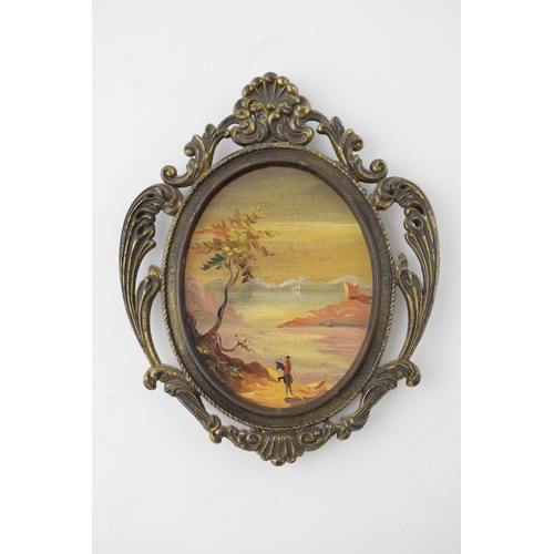 288 - Miniature oil on board in cast metal Rococo style frame. Possibly Italian. 13cm x 10cm.