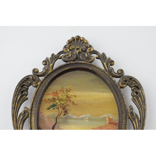 288 - Miniature oil on board in cast metal Rococo style frame. Possibly Italian. 13cm x 10cm.