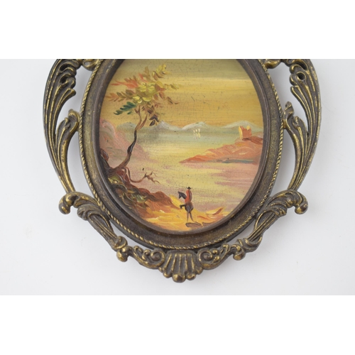 288 - Miniature oil on board in cast metal Rococo style frame. Possibly Italian. 13cm x 10cm.