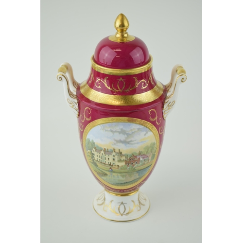 5A - Coalport porcelain twin handled vase and cover with 'Sandringham The Seat of HRH The Prince of Wales... 