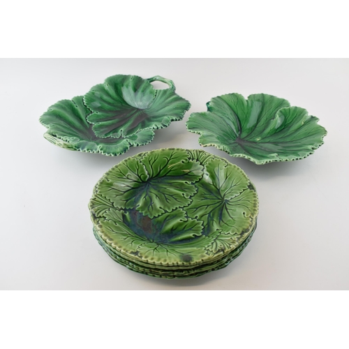 138 - A collection of 19th century green glazed cabbage wear to include Copeland set of four plates, a Cop... 