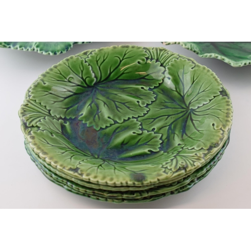 138 - A collection of 19th century green glazed cabbage wear to include Copeland set of four plates, a Cop... 