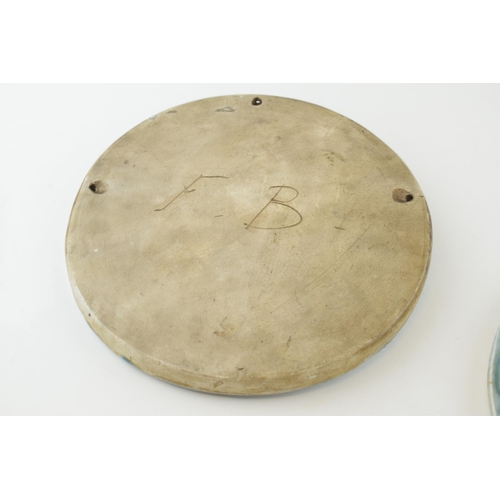 144 - Early to mid 20th century glazed roundel plaques, embossed decoration, one with a dog hunting stag s... 