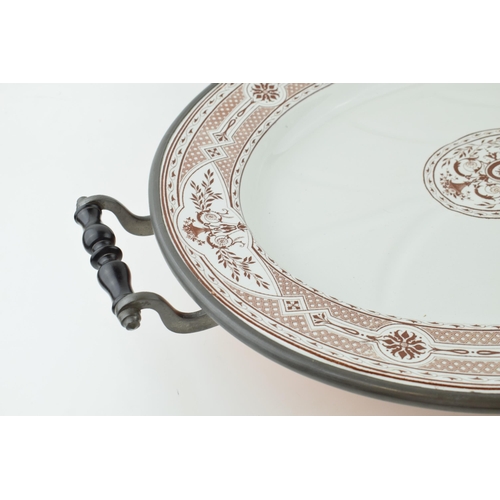 148 - 19th century large meat serving dish and drainer set in copper plate warmer, 63cm wide.