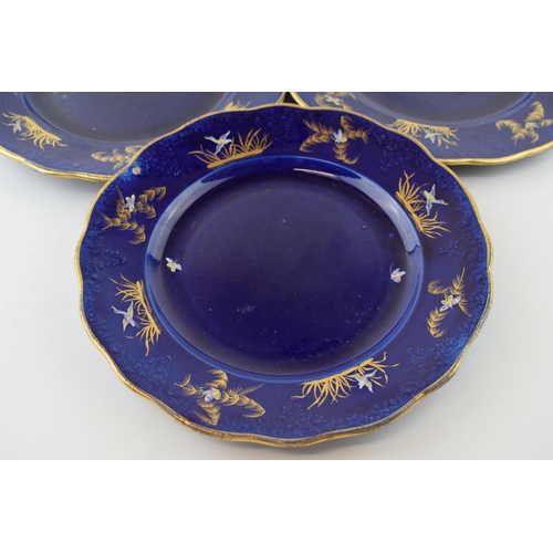 150 - Masons Ironstone trio of plates, gilt foliage on blue background, circa 1820s, 23.5cm diameter (3).