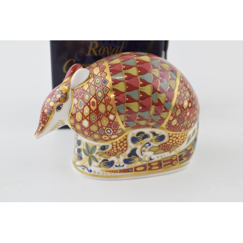 158 - Boxed Royal Crown Derby paperweight Armadillo with gold stopper.