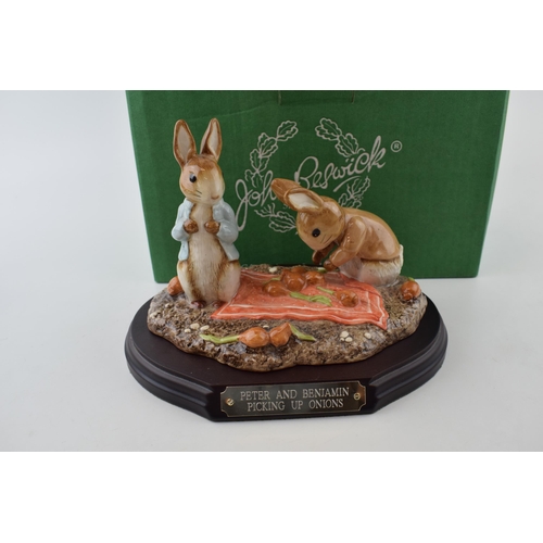 61 - Boxed Beswick Beatrix Potter figure Peter & Benjamin Picking Up Onions with wooden plinth.