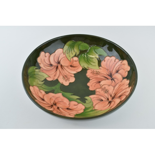 91 - Moorcroft large Hibiscus on Green bowl, 26.5cm diameter (silver line).