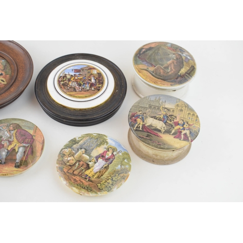 139 - A collection of Pratt Ware pot lids and similar to include 'I see you my boy', 'Uncle Toby', 'The Pa... 